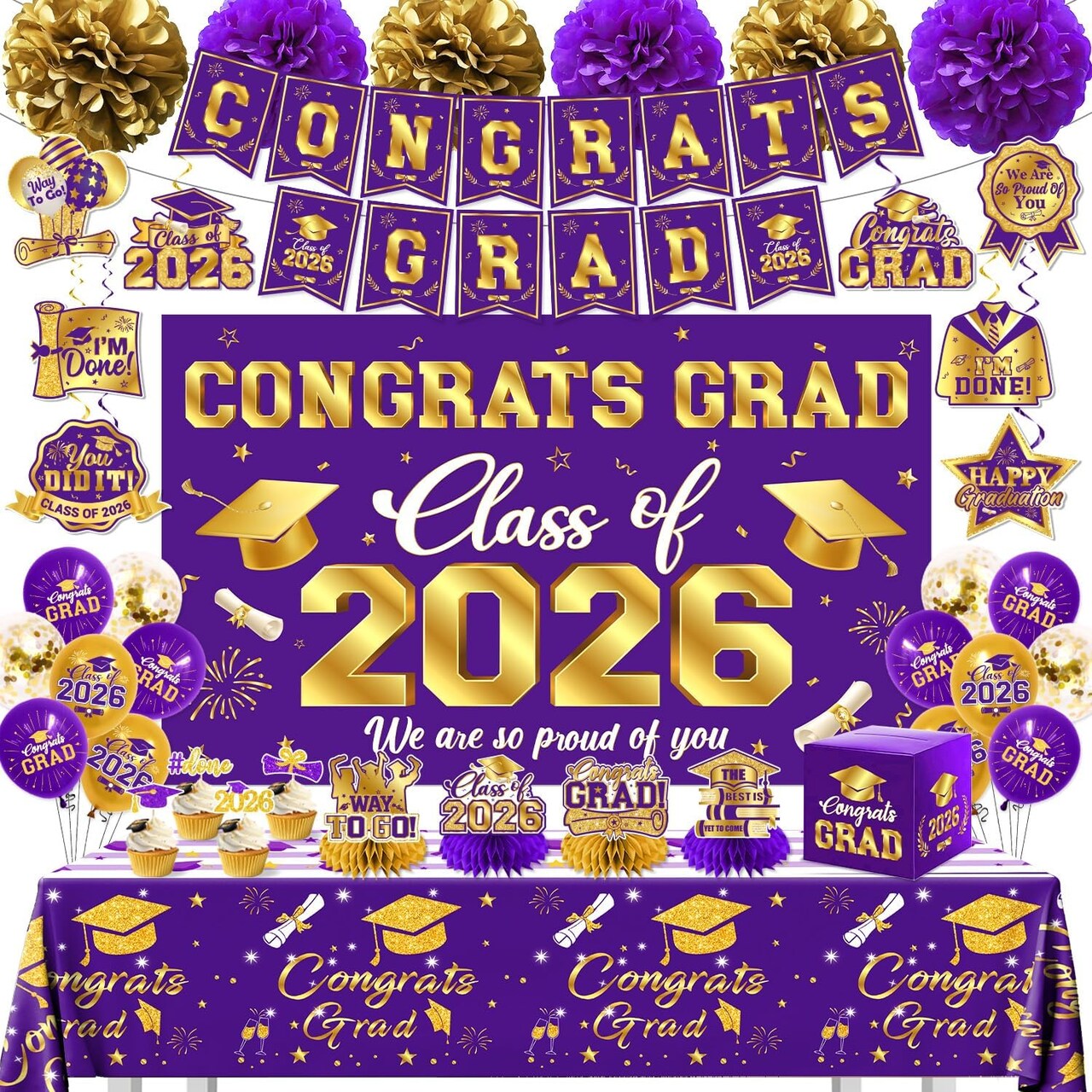 Graduation Party Decorations 2026 – Purple & Gold Class of 2026 Complete Kit | Backdrop, Banner, Balloons, Swirls, Pom Poms & Table Decor Set